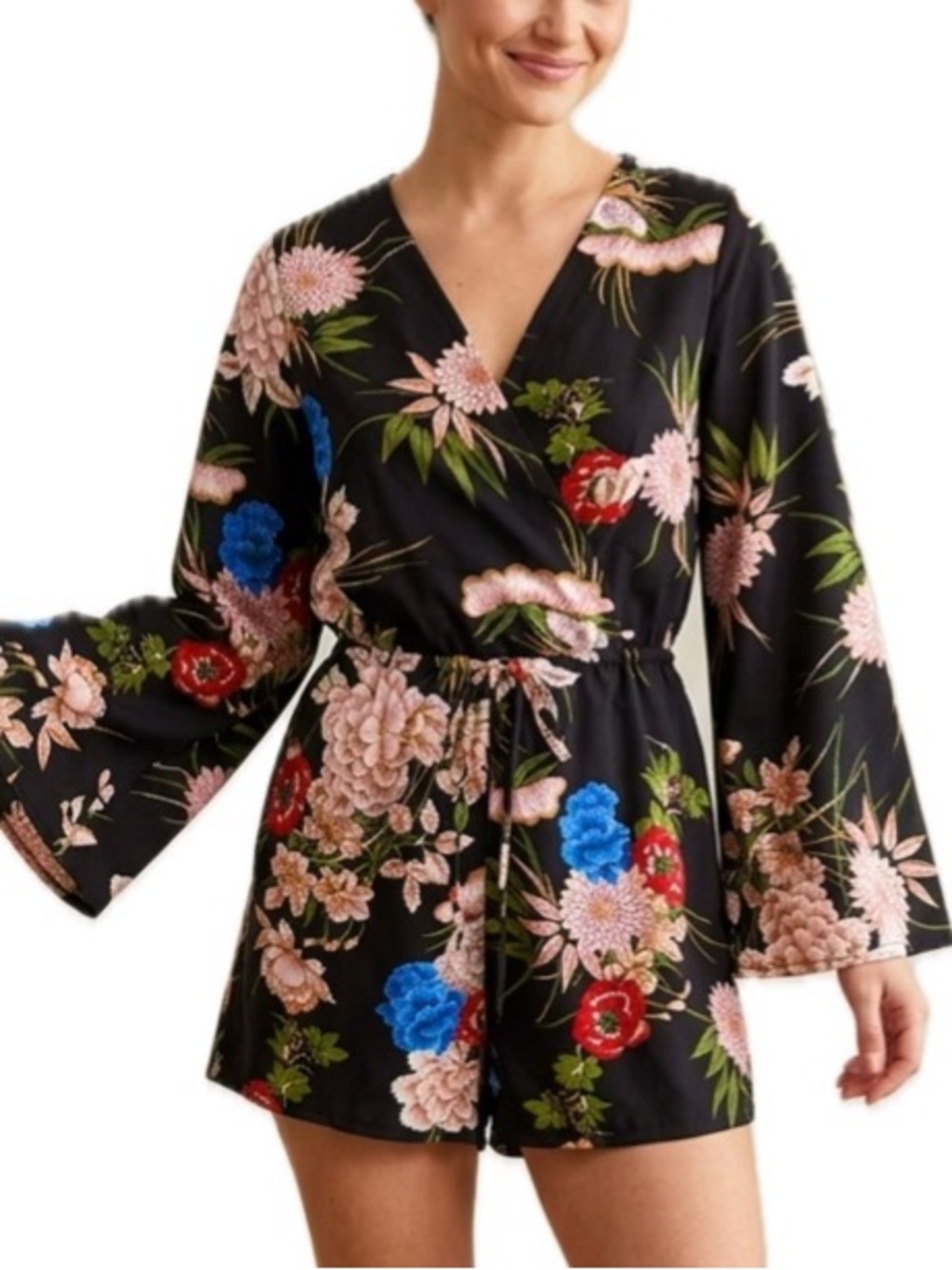 Parisian Floral Wrap Kimono Romper Size 4 Small Black Asian Long Bell Sleeve